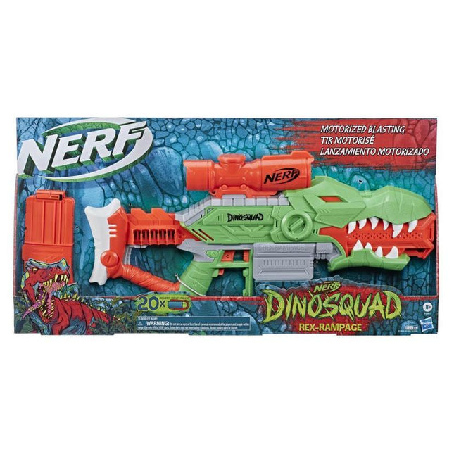 Nerf DinoSquad Rex-Rampage Motorized Gun, 10-Dart Clip, 20 Darts, 10-Dart Storage- T-Rex Dinosaur Design, Multicolour, 8+ Years - Hasbro