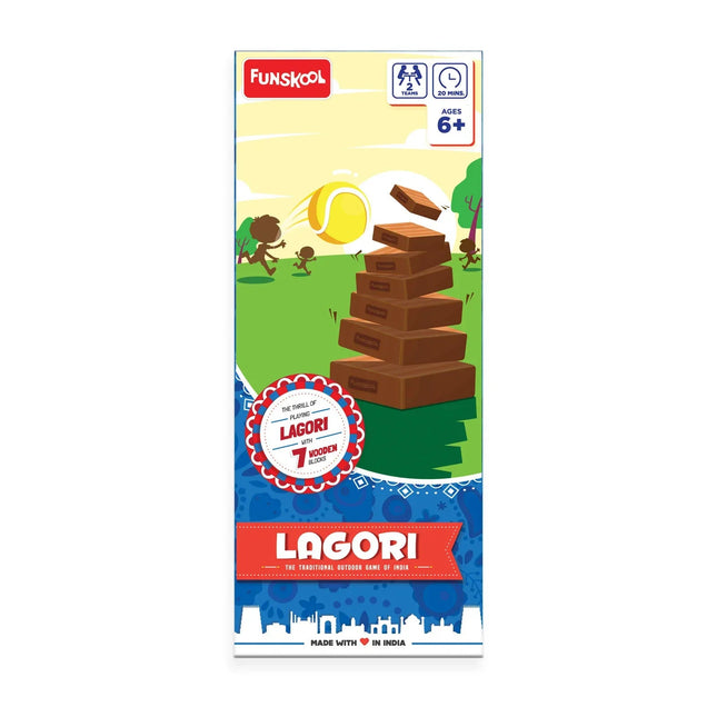 Funskool Games Lagori | The Traditional Outdoor Games of India | Classic Seven Stones Game | Premium Wood Blocks and Ball Included - KIDMAYA