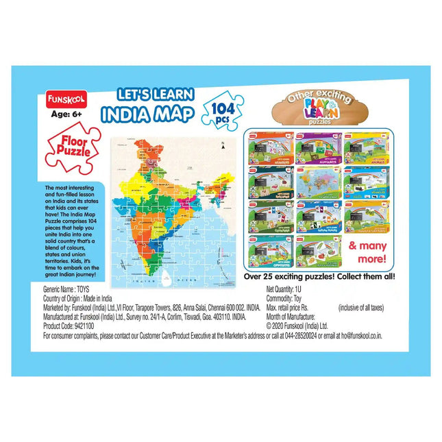 Funskool Play, Read & Learn India Toy Map, Educational, 104 Pieces, Puzzle, For 6 year Old Kids And Above, Multi Color - KIDMAYA