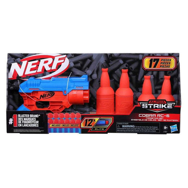 Nerf Alpha Strike Cobra RC-6 Targeting Set, 17 Pieces, 1 Blaster, 6-Dart Blasting, 4 Half-Targets, 12 Darts - Hasbro - KIDMAYA