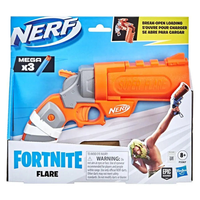 Nerf Fortnite Flare Dart Blaster, Break-Open Dart Loading, 3 Official Nerf Mega Whistle Darts, Pull-Down Priming Handle, Multicolour, 8+ Years - Hasbro - KIDMAYA