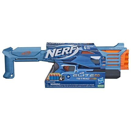 Nerf Elite 2.0 Tetrad QS-4 Blaster, 4 Nerf Elite Darts, 4-Barrel Blasting, Tactical Rail for Customizing Capability